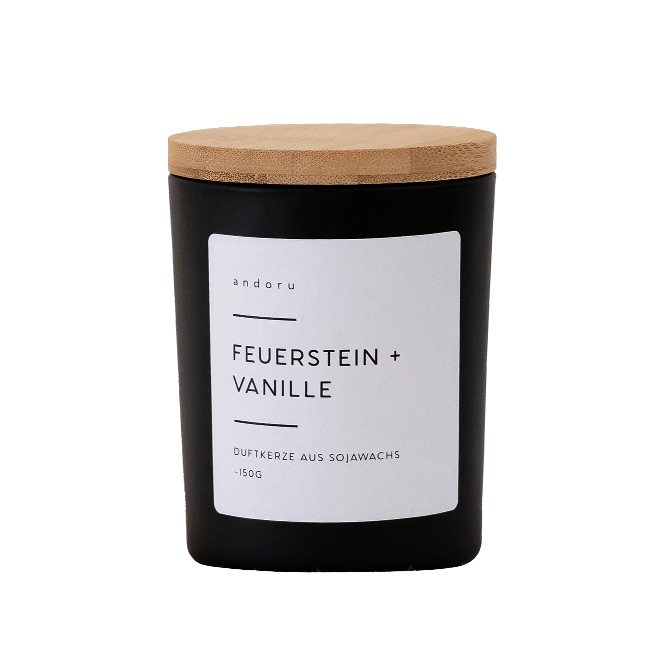 Feuerstein + Vanille - andoru Duftkerze im schwarzen Glas mit Deckel aus Holz