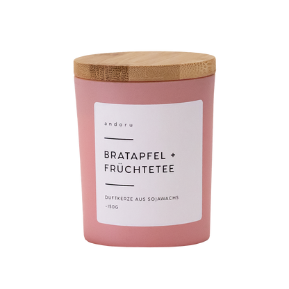 Bratapfel + Früchtetee - andoru Duftkerze mit Holzdeckel