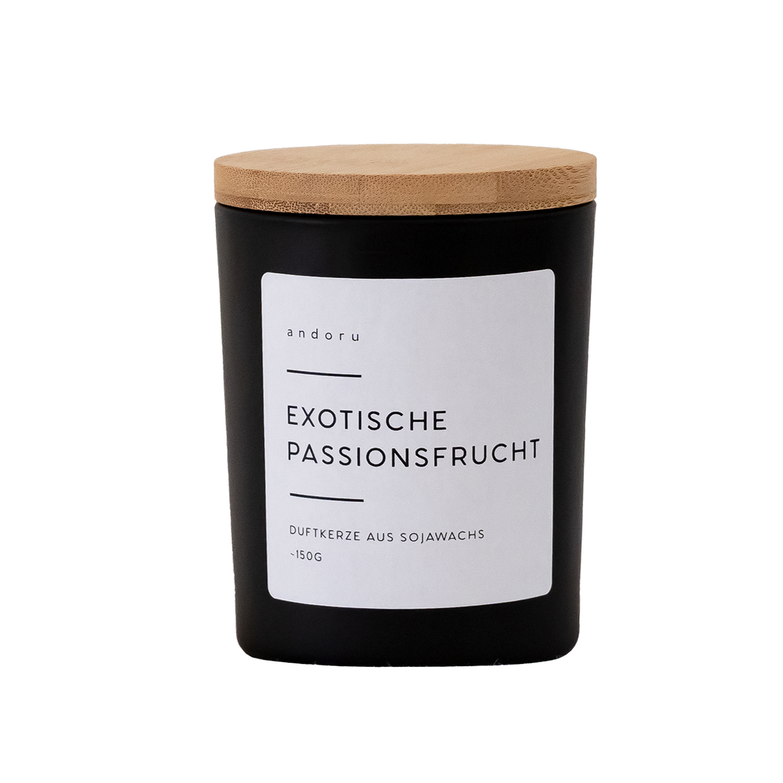 Exotische Passionsfrucht - andoru Duftkerze im schwarzen Glas mit Deckel aus Holz
