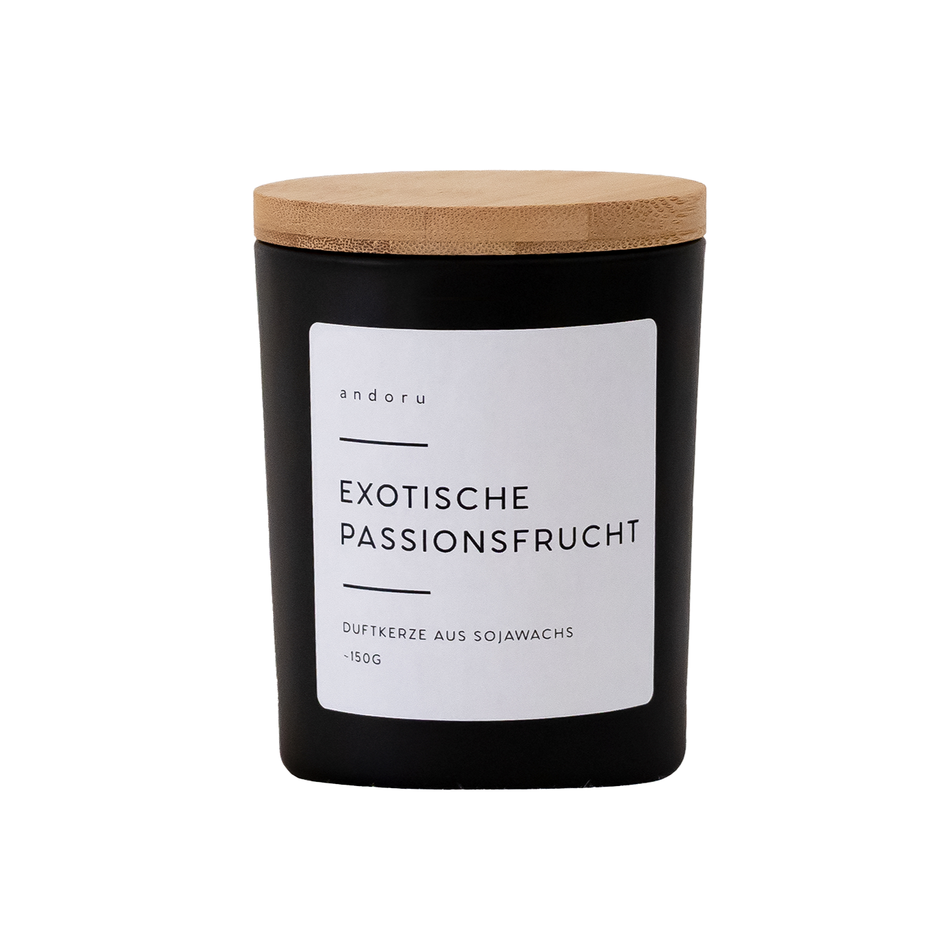 Exotische Passionsfrucht - andoru Duftkerze im schwarzen Glas mit Deckel aus Holz