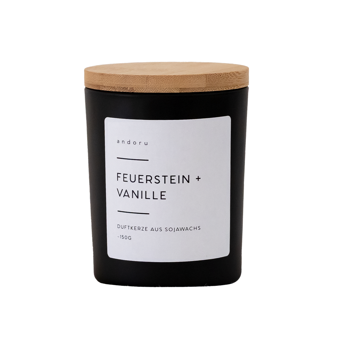 Feuerstein + Vanille - andoru Duftkerze im schwarzen Glas mit Deckel aus Holz