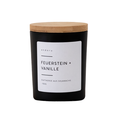 Feuerstein + Vanille - andoru Duftkerze im schwarzen Glas mit Deckel aus Holz