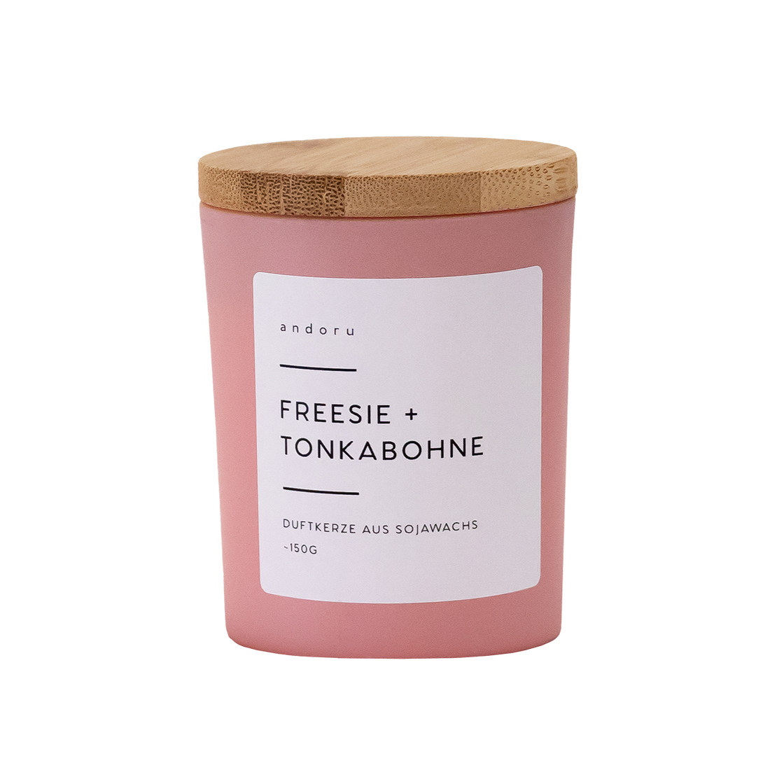 Freesie + Tonkabohne - andoru Duftkerze im rosa Glas mit Deckel aus Holz