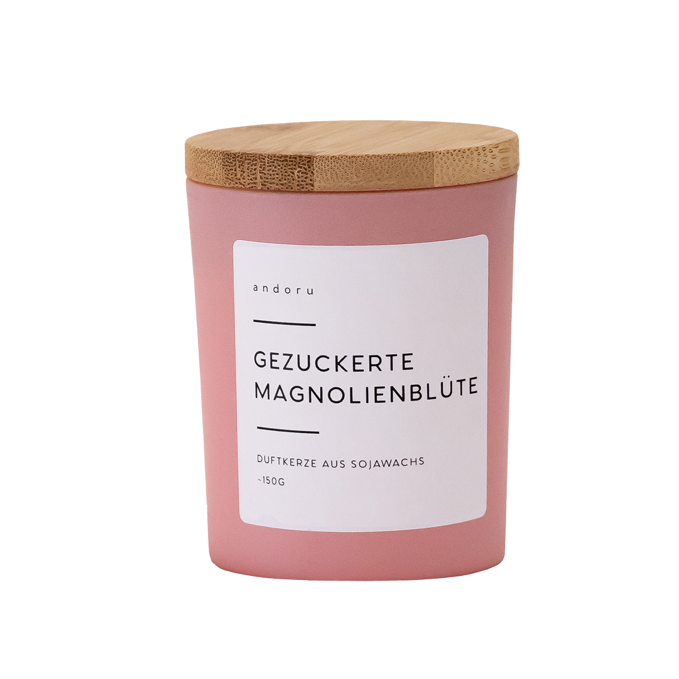 Gezuckerte Magnolienblüte - andoru Duftkerze im rosa Glas mit Deckel aus Holz