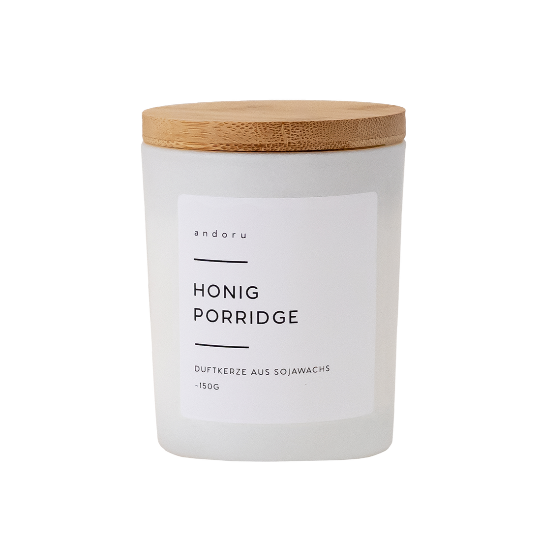 Honig Porridge - andoru Duftkerze im weißen Glas mit Deckel aus Holz