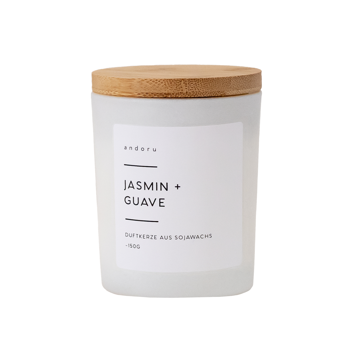 Jasmin + Guave - andoru Duftkerze im weißen Glas mit Deckel aus Holz